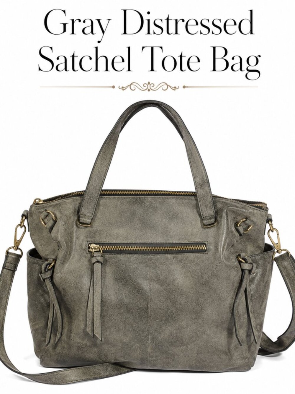 Gray Oversized Satchel Tote Bag Shoulder Crossbody Faux Leather Distressed